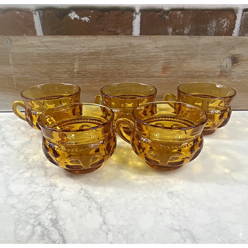 VTG Indiana Amber Glass Thumbprint King Crown Tea-Cup Set of 5